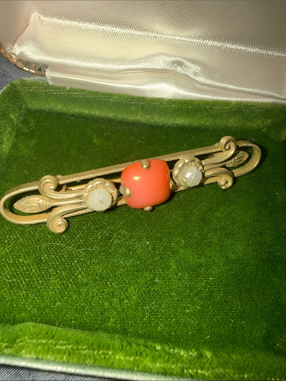 Antique Gold-Tone Bar Pin with Coral Center and Pearl Accents